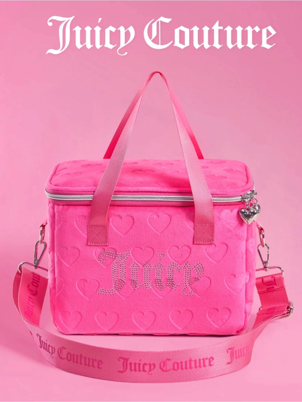 Juicy Couture Hot Pink Quilted Heart Travel Bag with Rhinestone Logo